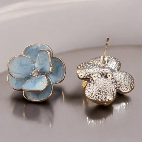 Artistic Stud Earrings - Blue Flowers - Picture 3 of 3